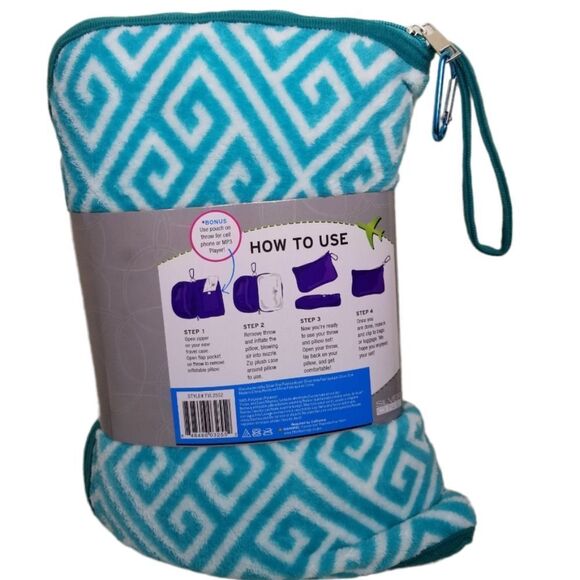 SILVER One Travel Blanket And Pillow Set Teal White Geometric Pattern NWT - Picture 2 of 6